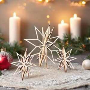 3D-Holzstern als elegante Weihnachtsdeko auf winterlicher Tischlandschaft mit Kerzen und Geschenken
