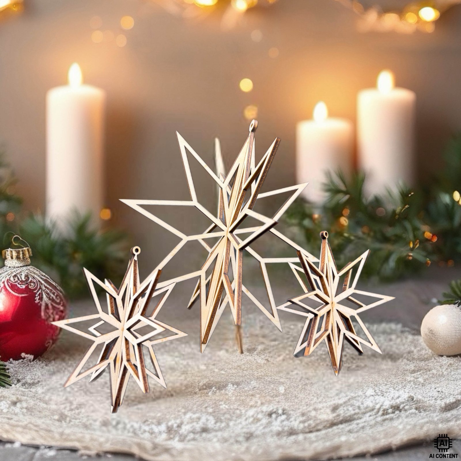 3D-Holzstern als elegante Weihnachtsdeko auf winterlicher Tischlandschaft mit Kerzen und Geschenken