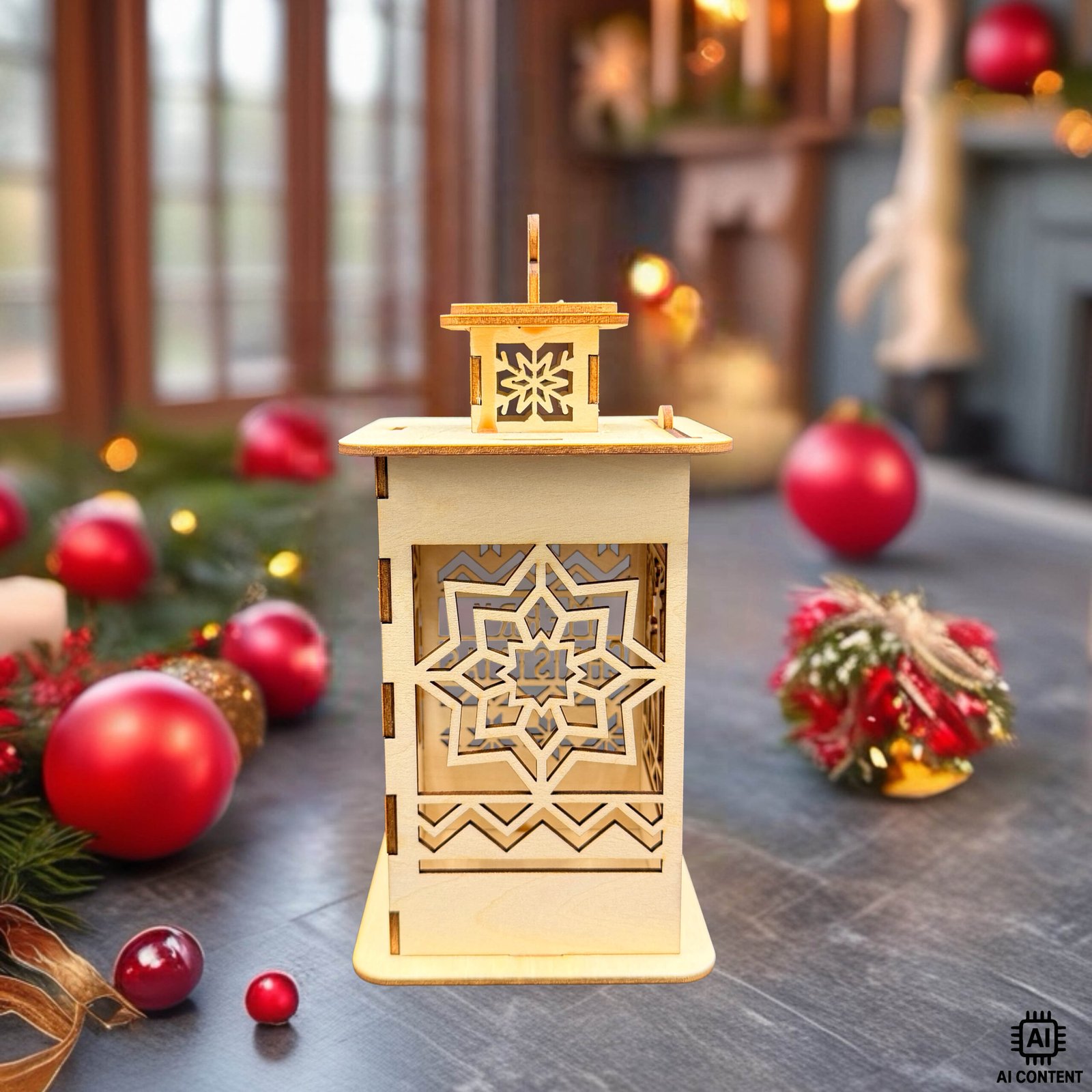 Holzlaterne mit filigranem Merry-Christmas-Motiv und Rentieren – weihnachtliche Lasergravur-Dekoration aus Holz