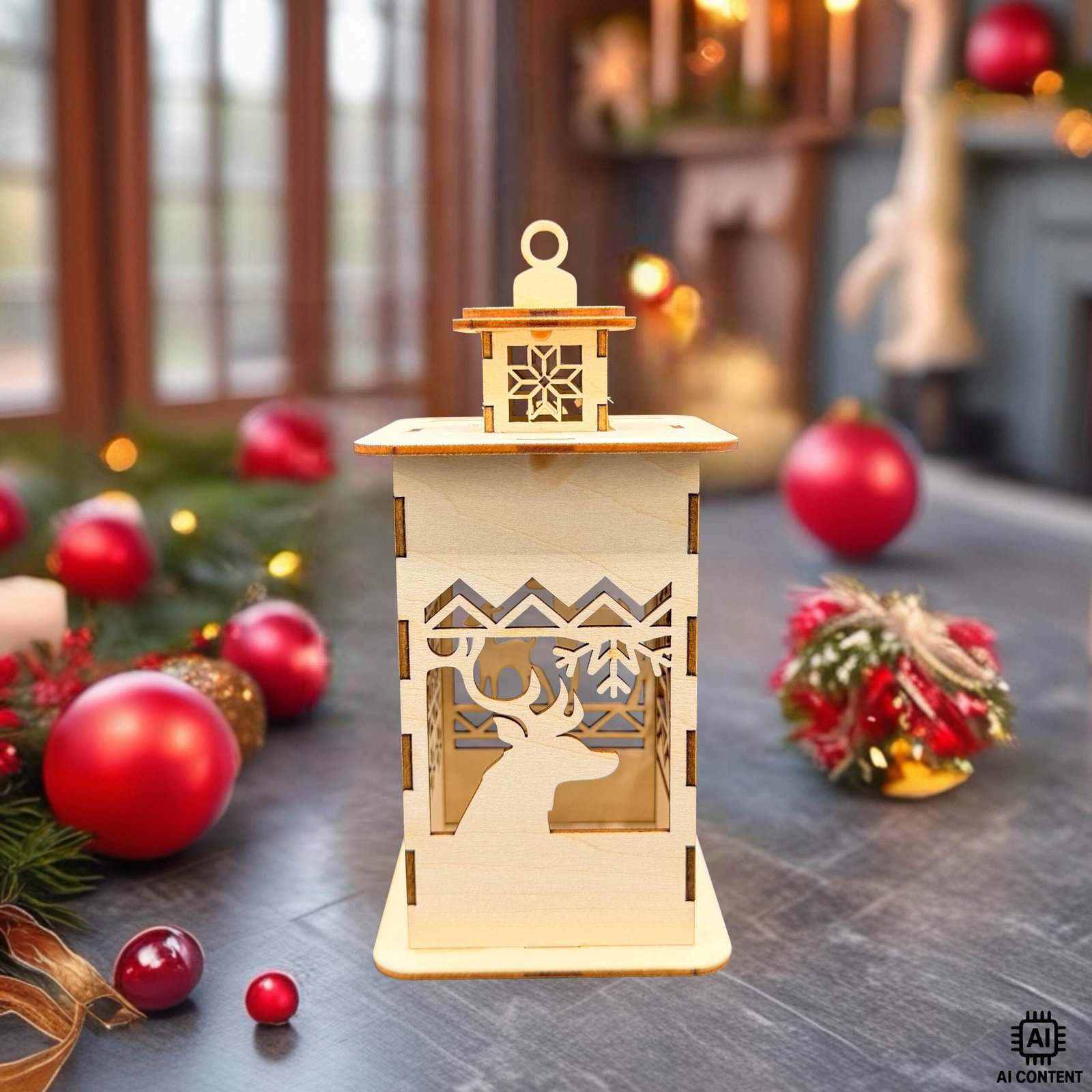 Holzlaterne mit filigranem Merry-Christmas-Motiv und Rentieren – weihnachtliche Lasergravur-Dekoration aus Holz