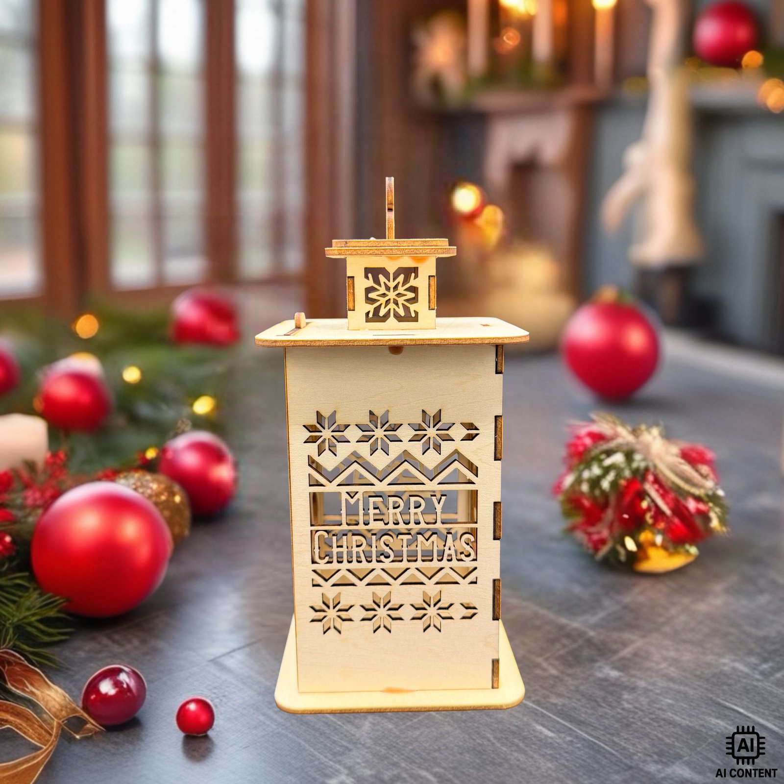 Holzlaterne mit filigranem Merry-Christmas-Motiv und Rentieren – weihnachtliche Lasergravur-Dekoration aus Holz