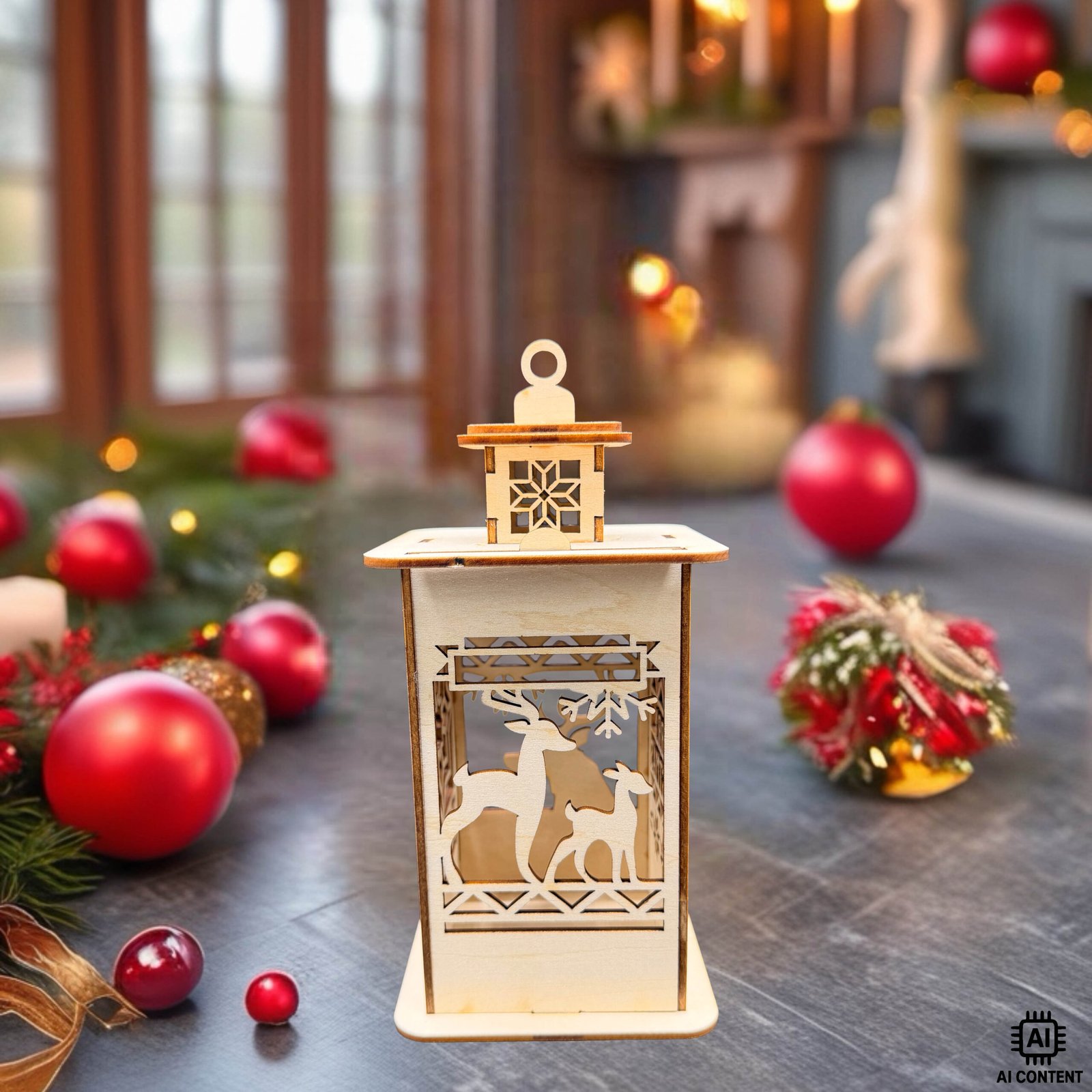 Holzlaterne mit filigranem Merry-Christmas-Motiv und Rentieren – weihnachtliche Lasergravur-Dekoration aus Holz