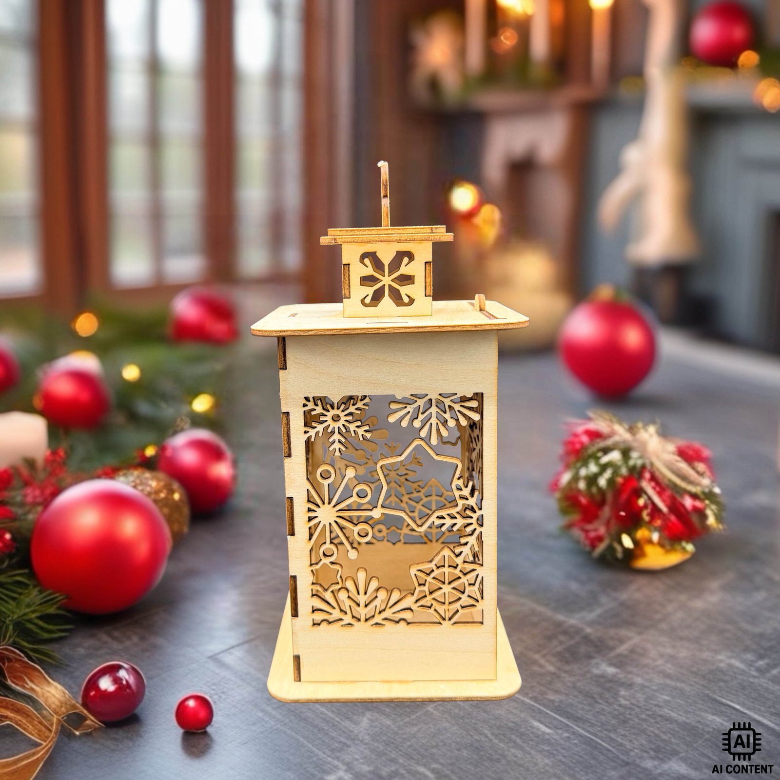 Holzlaterne mit filigranen Schneekristall-Motiven, weihnachtliche Dekoration aus Holz im Wohnzimmer