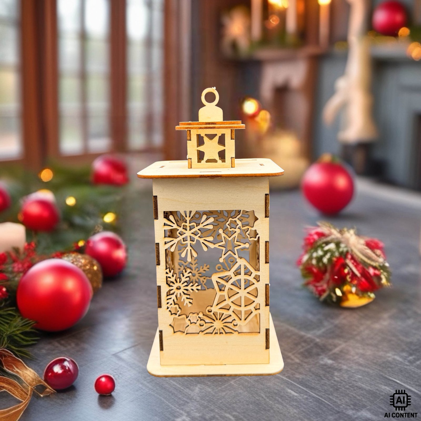 Holzlaterne mit filigranen Schneekristall-Motiven, weihnachtliche Dekoration aus Holz im Wohnzimmer