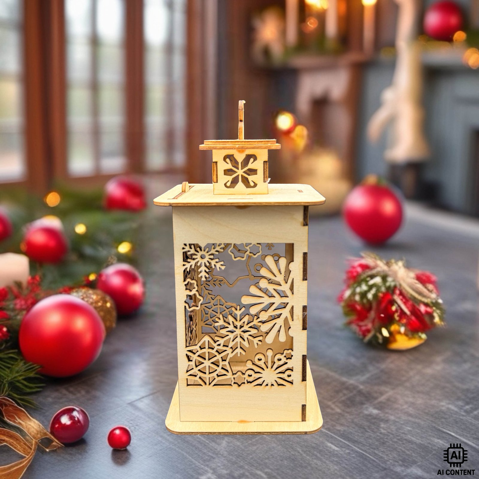 Holzlaterne mit filigranen Schneekristall-Motiven, weihnachtliche Dekoration aus Holz im Wohnzimmer