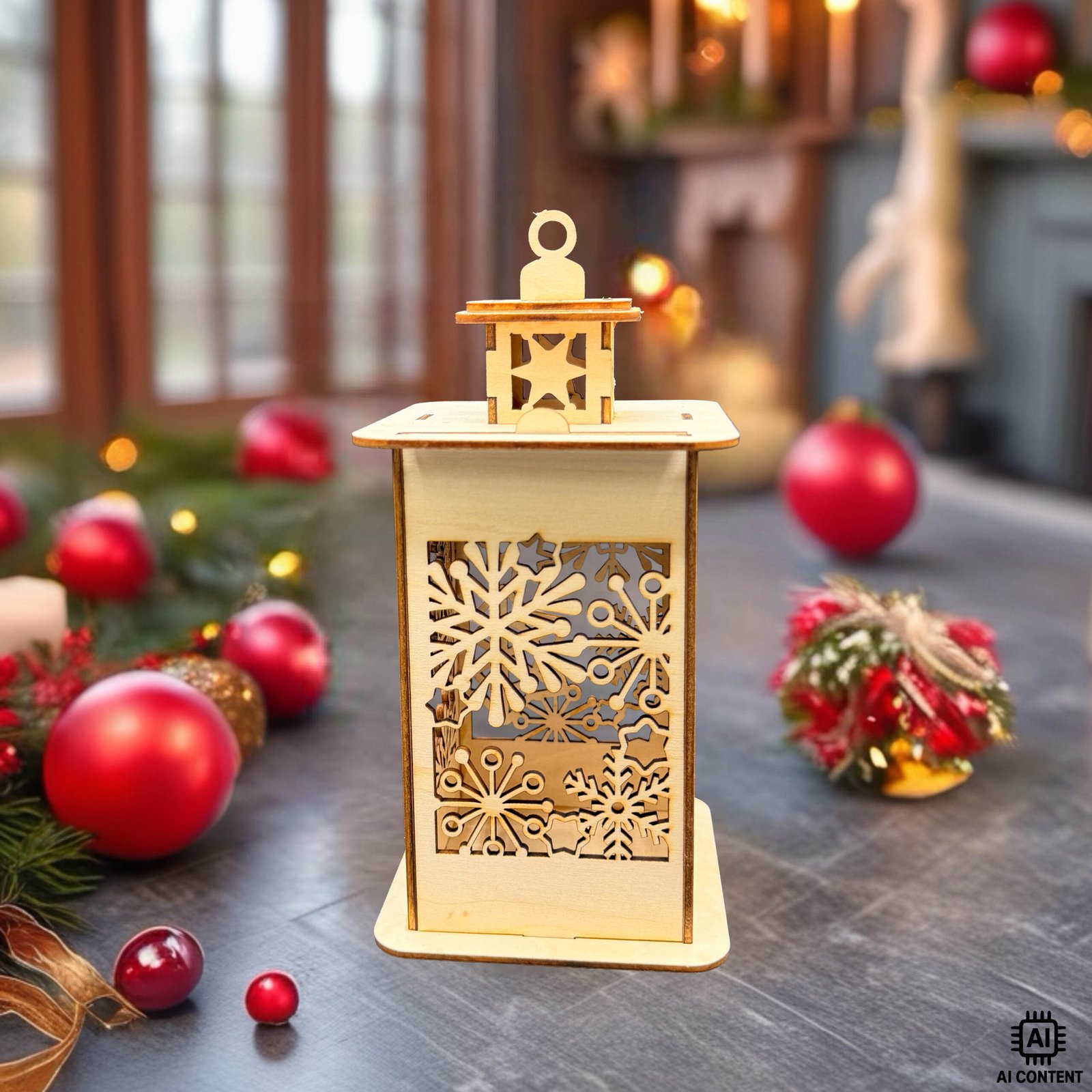 Holzlaterne mit filigranen Schneekristall-Motiven, weihnachtliche Dekoration aus Holz im Wohnzimmer