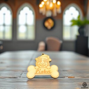 Personalisierter Hundeknochen aus Holz mit Australien-Shepherd-Motiv und graviertem Namen „Liska“