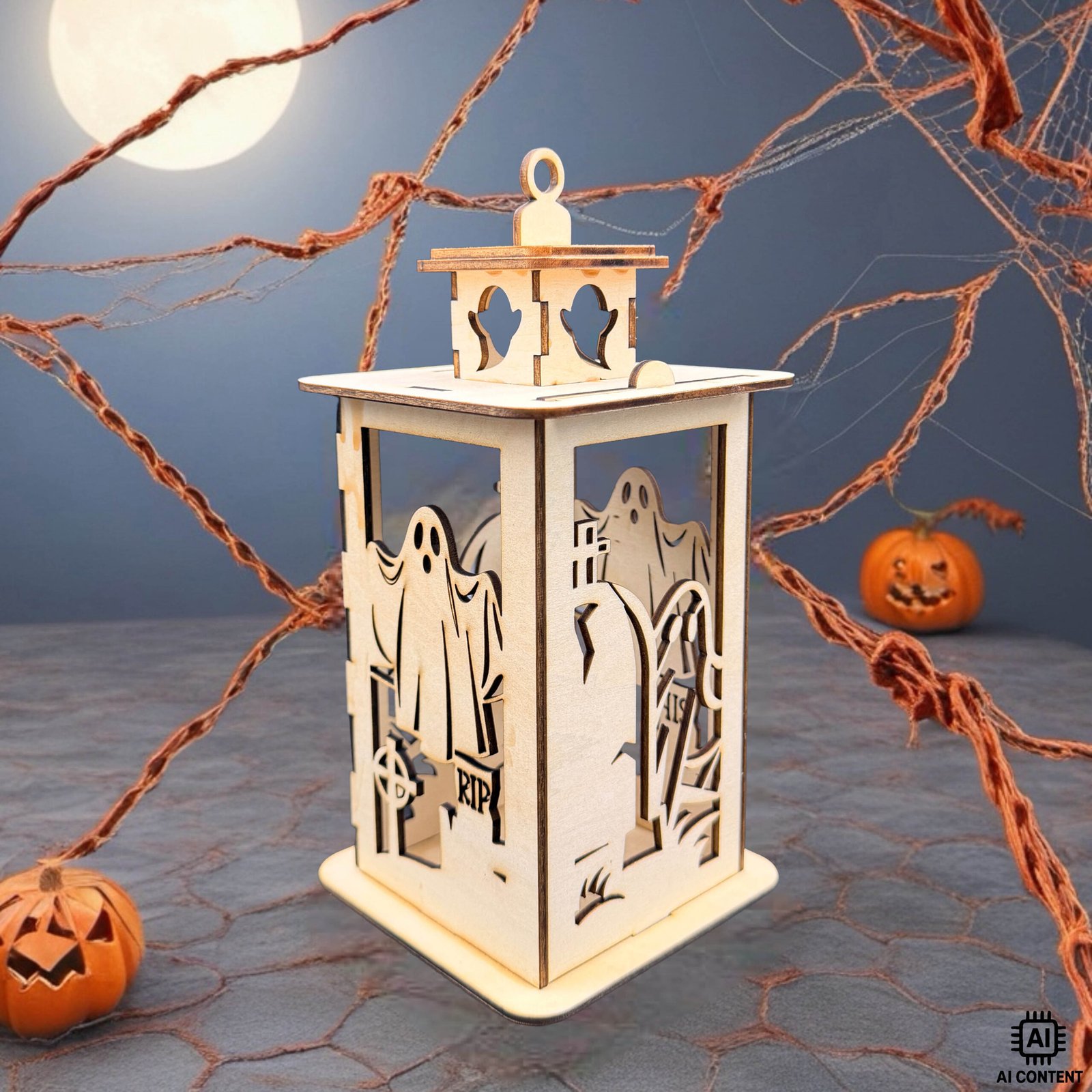Holzlaterne mit Geistermotiv und Grabsteinen auf Halloween-Deko-Untergrund mit Kürbissen
