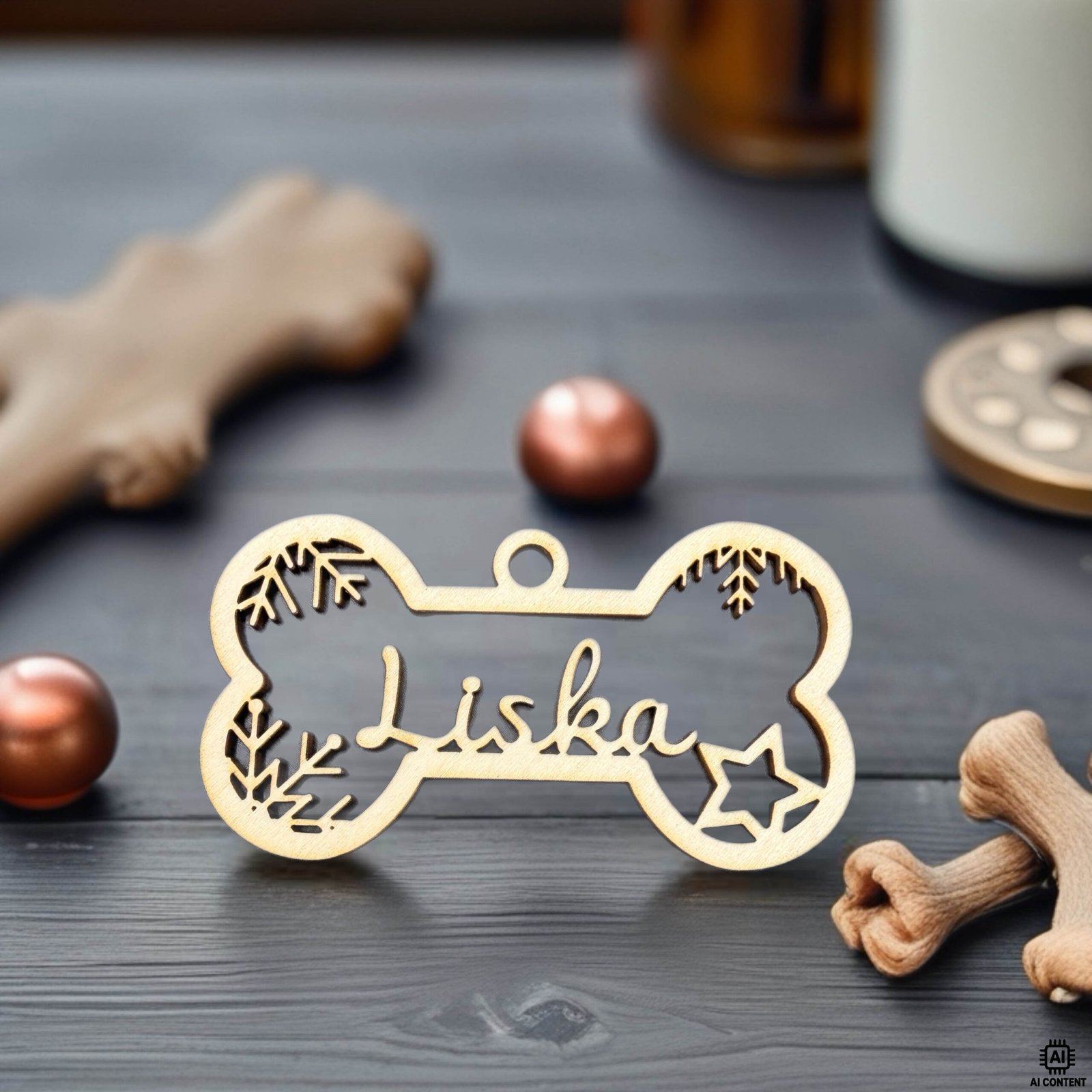 Personalisierter Holzanhänger in Hundeknochenform mit Namensgravur „Liska“, Stern und winterlichen Zweigen