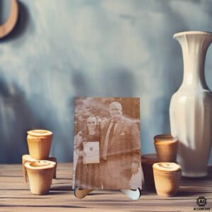 Personalisiertes Holzbild mit gelaserter Fotogravur von zwei Personen auf Holzständer