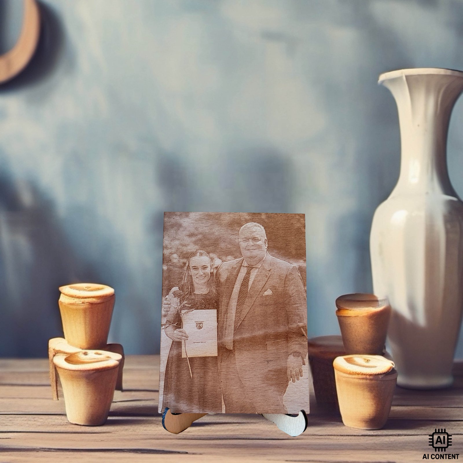 Personalisiertes Holzbild mit gelaserter Fotogravur von zwei Personen auf Holzständer