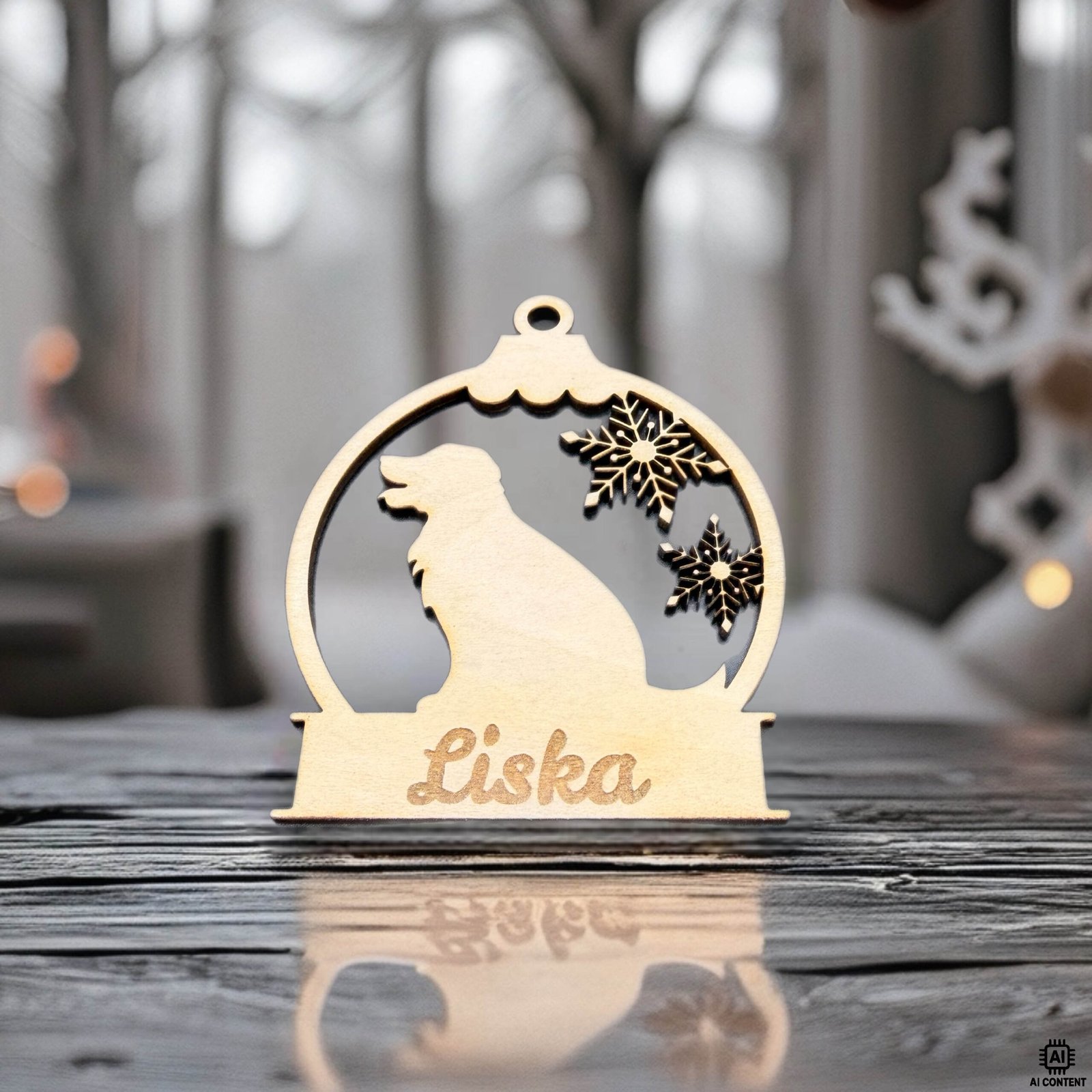 Personalisiertes Tier-Ornament aus Holz mit Hundesilhouette, Schneeflocken und Namensgravur „Liska“