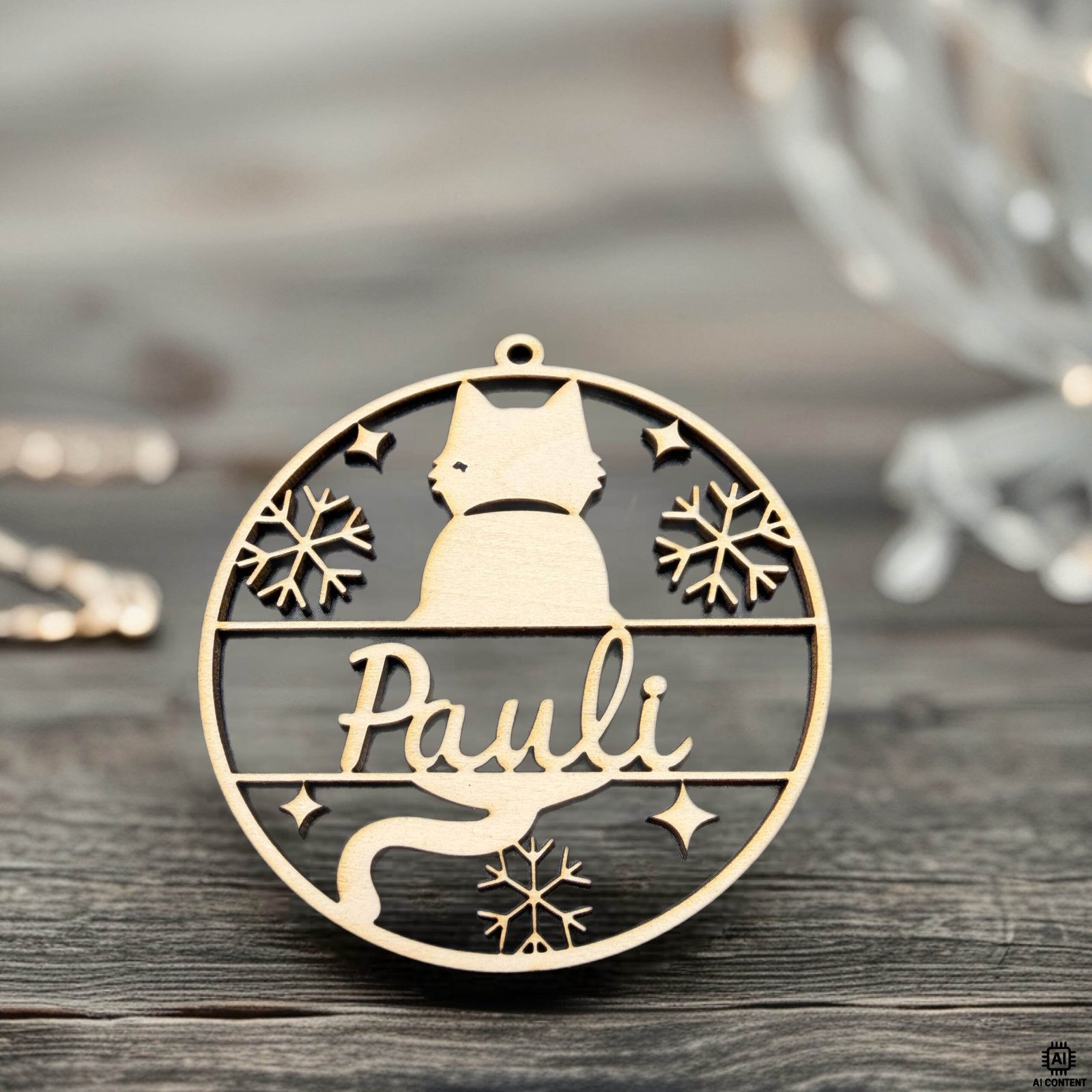 Personalisierte Katzen-Weihnachtskugel aus Holz mit Silhouette, Schneeflocken und Namensgravur „Pauli“