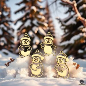 Holz-Weihnachtsanhänger mit vier Pinguinmotiven im Schnee – filigrane Winterdeko