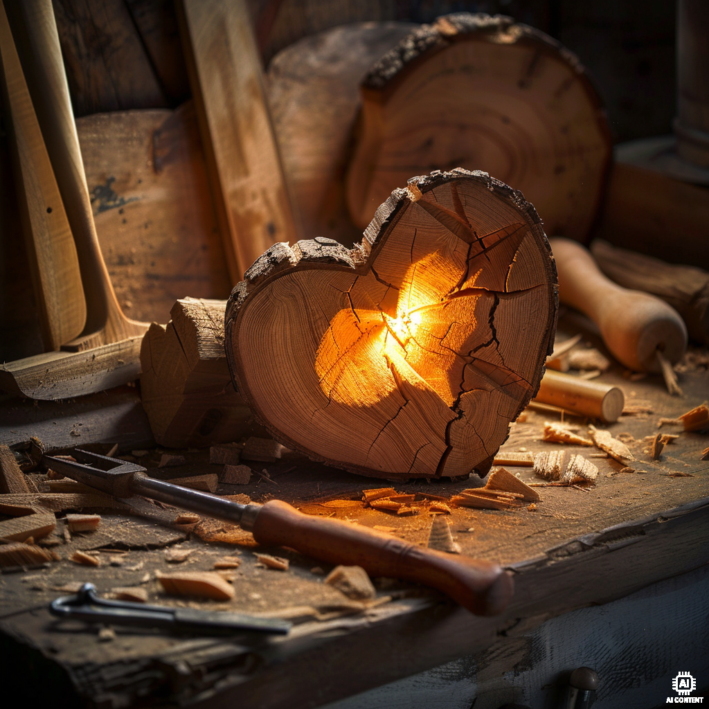 Herzförmiges Holzstück mit leuchtendem Kern auf einer Werkbank in einer traditionellen Holzwerkstatt